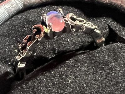 Unique Stainless Steel Ring with Synthetic Oval Opal-like Stone & Crescent Moon Details Size-10