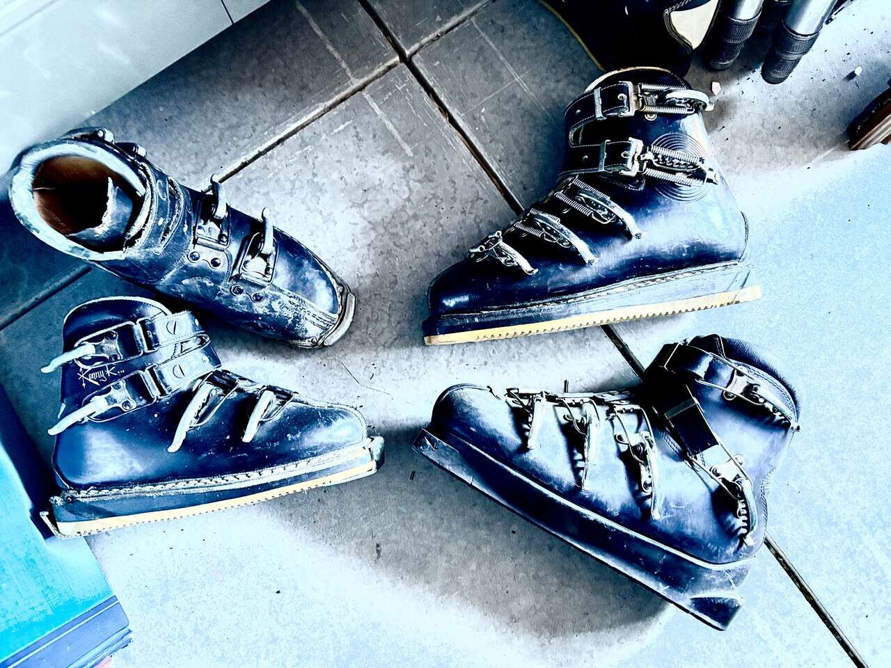 Vintage 1950s, 1960s leather ski boots,  great decoration mid century antique winter skiing cabin decor