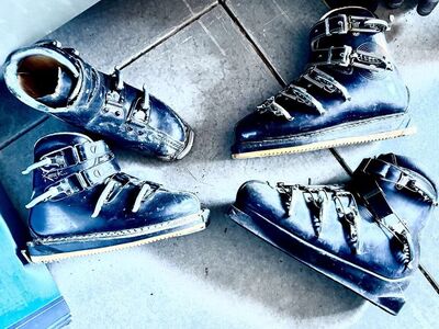 Vintage 1950s, 1960s leather ski boots, great decoration mid century antique winter skiing cabin decor