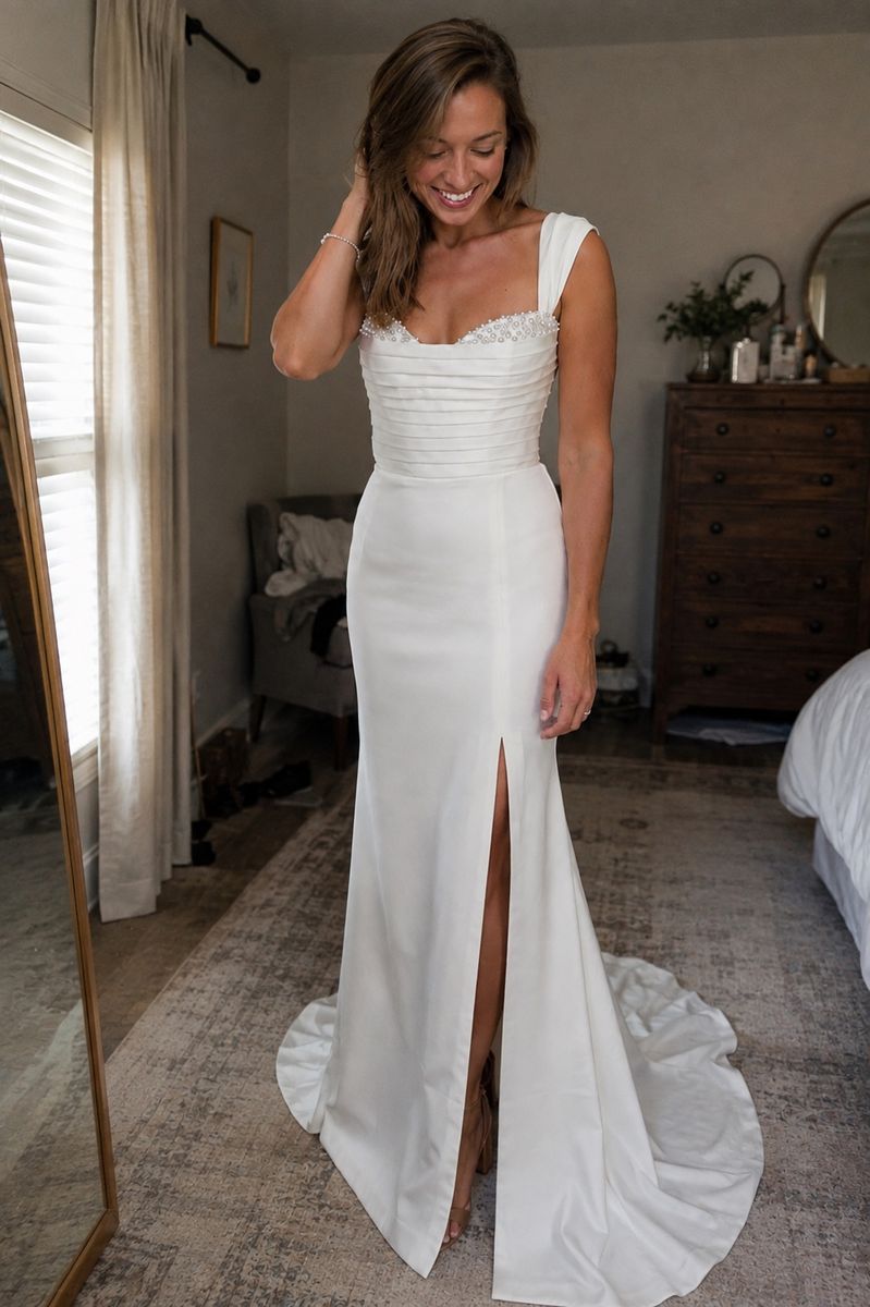 Stunning Pearl-Accented Wedding Dress with Bow Back and Train