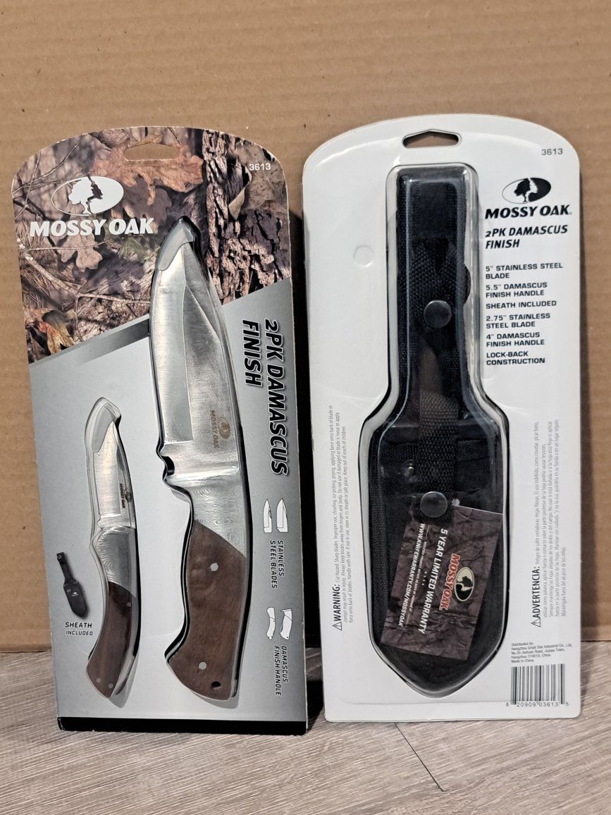Mossy Oak 2-Pack Damascus Finish Knife Set - 5" Stainless Steel Blade & 2.75" Stainless Steel Blade with Sheath