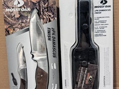 Mossy Oak 2-Pack Damascus Finish Knife Set - 5" Stainless Steel Blade & 2.75" Stainless Steel Blade with Sheath