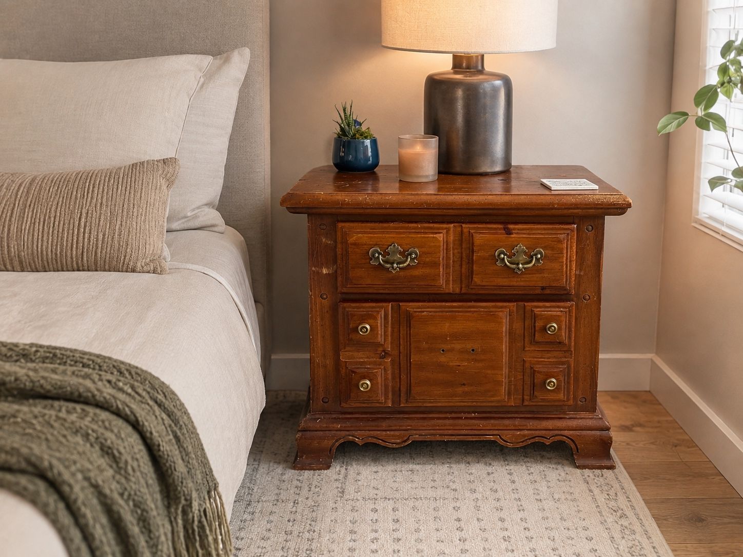 Vintage Thomasville Wooden Nightstand End Table with Brass Hardware