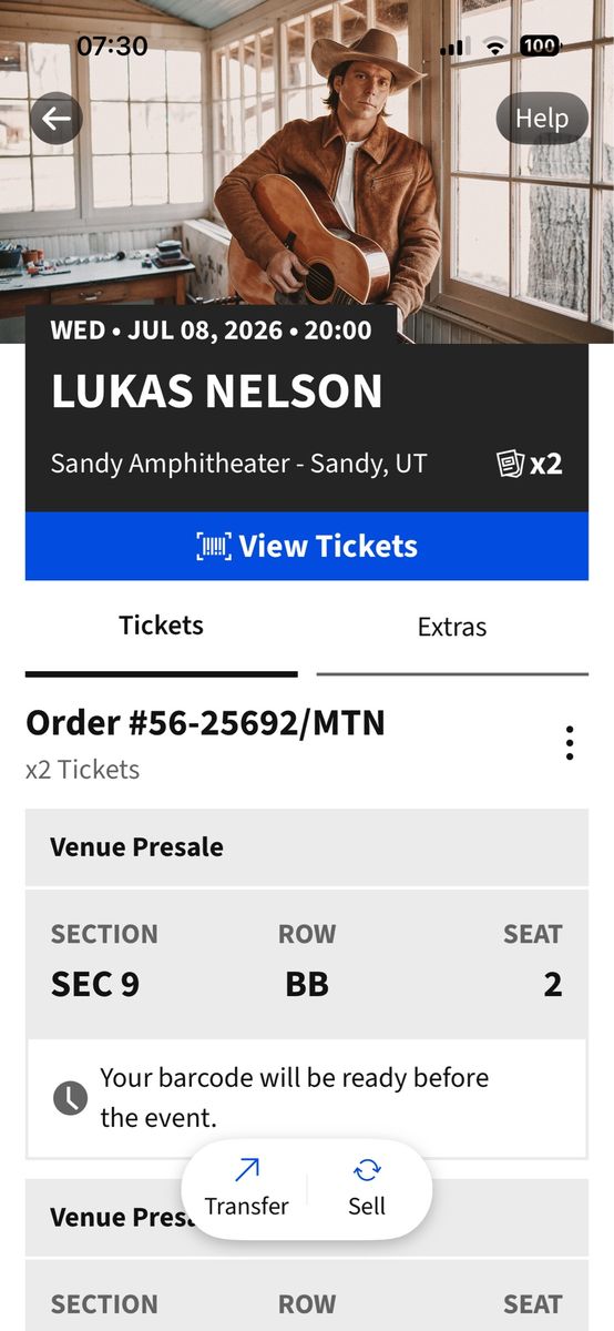 Lukas Nelson Concert Tickets x2 - Sandy Amphitheater - July 8, 2026 - Section 9, Row BB seats!