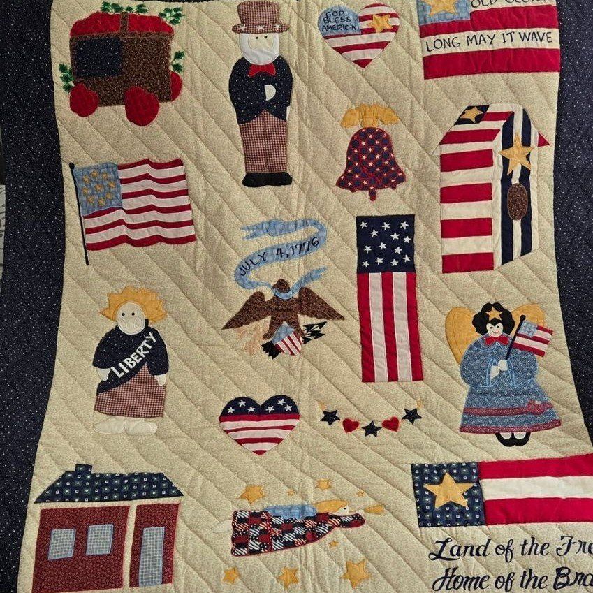 Handmade Patriotic Americana Quilted Throw Blanket - July 4, 1776, Land of the Free, Home of the Brave