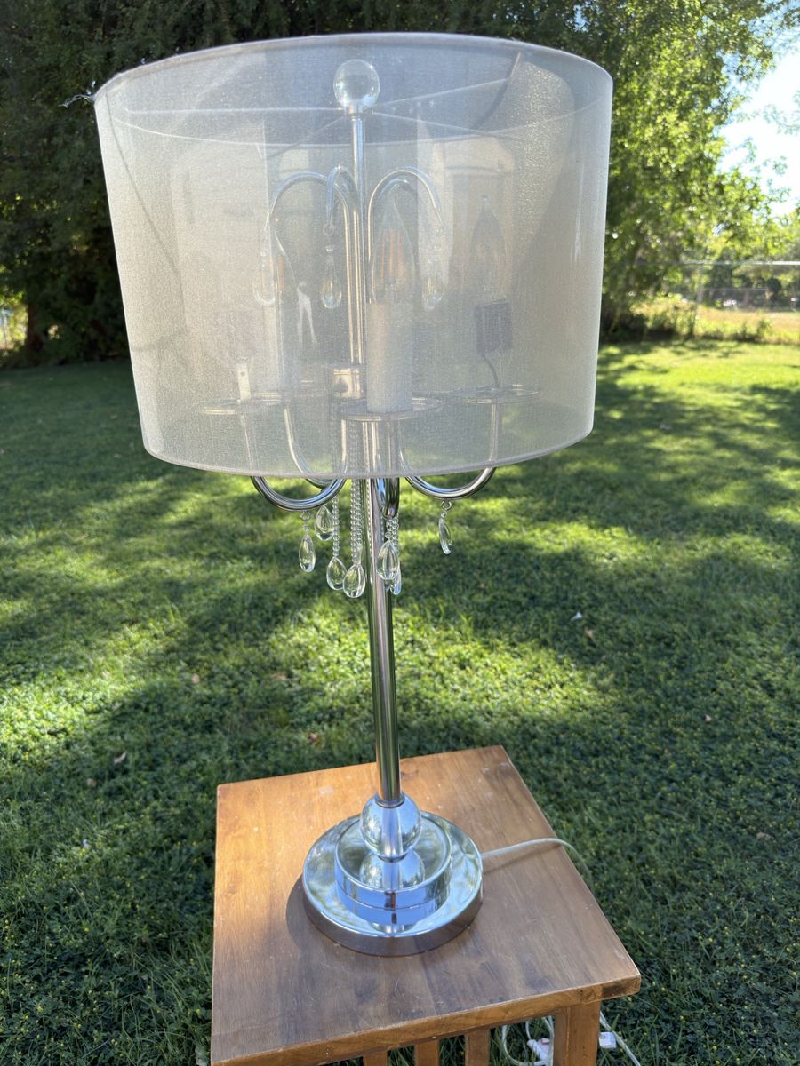 Elegant Chrome Table Lamp with Sheer Shade & Crystal Accents