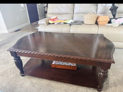 Dark Wood Carved Coffee & End Table Set - Ornate Living Room Furniture