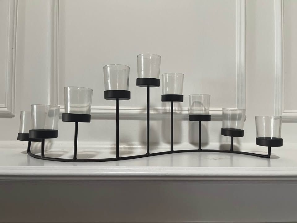 Black Metal 9-Votive Candle Holder with Glass Cups – 24” Wide