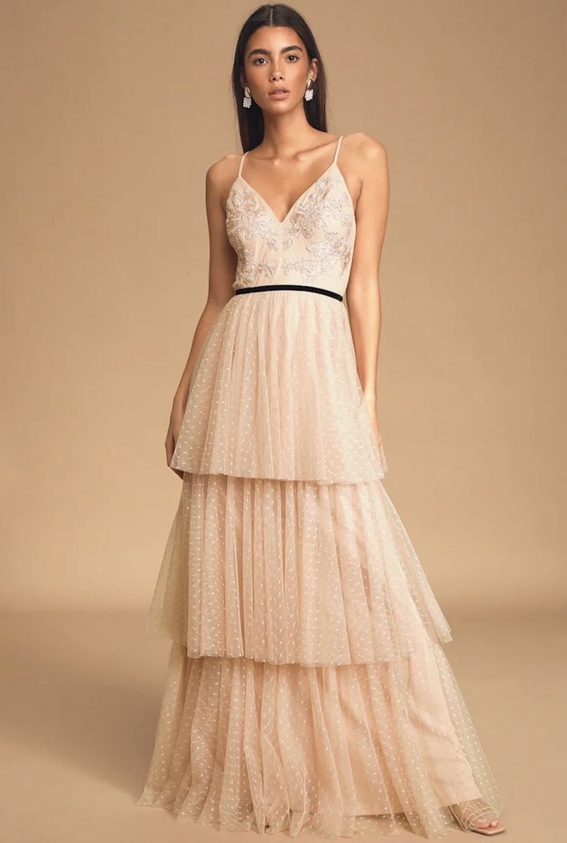Lulu’s Romantic Musings Blush Pink Embroidered Lace Tiered Maxi Dress