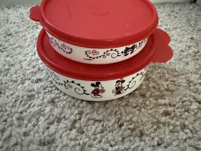 Tupperware Disney Mickey & Minnie Mouse Round Storage Containers, Set of 2 with Red Lids
