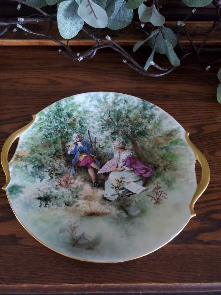 Antique 1908 Hand-Painted Porcelain Plate with Courting Scene & Gold Handles by S.M. Wilson