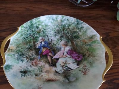 Antique 1908 Hand-Painted Porcelain Plate with Courting Scene & Gold Handles by S.M. Wilson