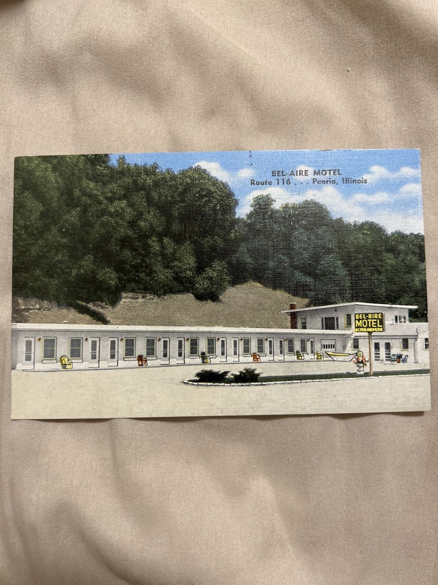 Vintage Bel-Aire Motel Postcard - Route 116, Peoria, Illinois - "Ultra Modern" Design