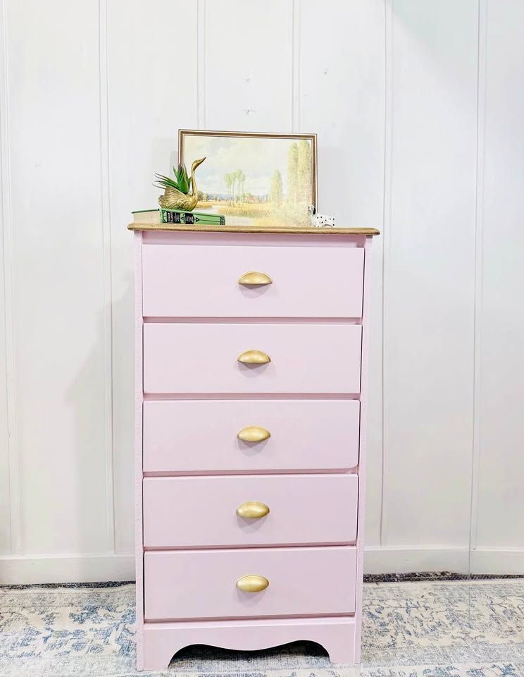 Vintage Modern Inspired Pink 5 Drawer Dresser | Modern Inspired 5 Drawer Chest | Dresser