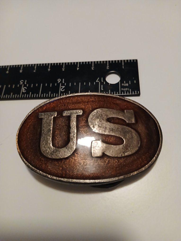 US Oval Belt Buckle Brass Tone Enamel Background
