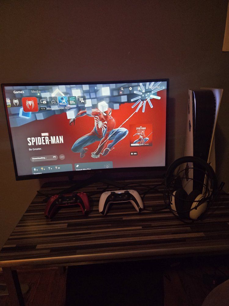 Sony PlayStation 5 Disc Edition Console with 2 Controllers and Cooling Fan and sceptre curved monitor.