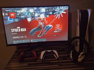 Sony PlayStation 5 Disc Edition Console with 2 Controllers and Cooling Fan and sceptre curved monitor.