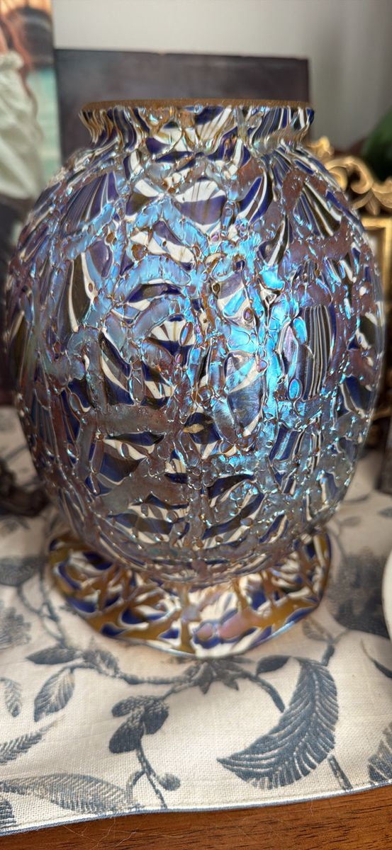 Iridescent Blue & Gold Art Glass Vase - Unique Textured Floral Design Decor