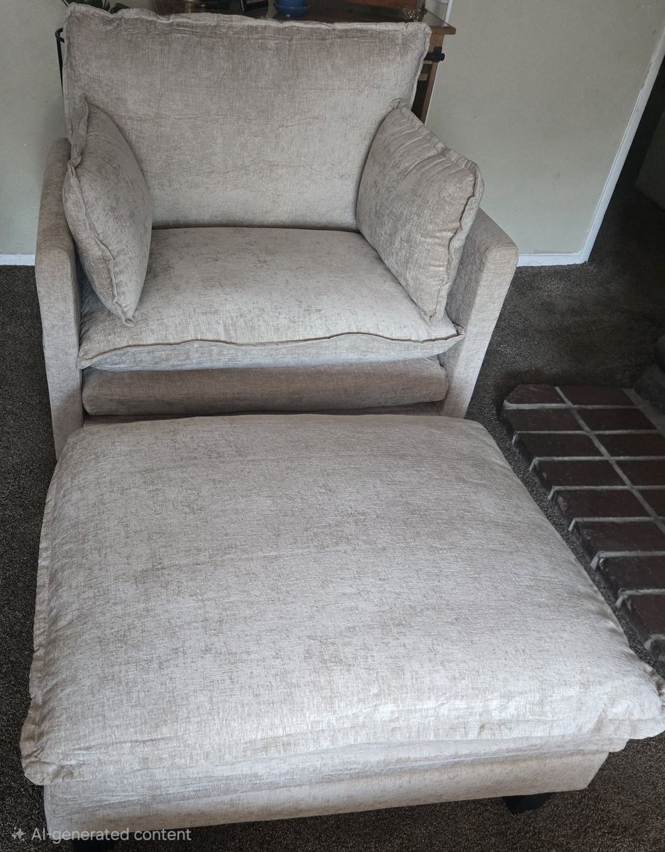Cozy Beige Fabric Armchair and Ottoman Set - Plush Seating for Living Room/Bedroom
