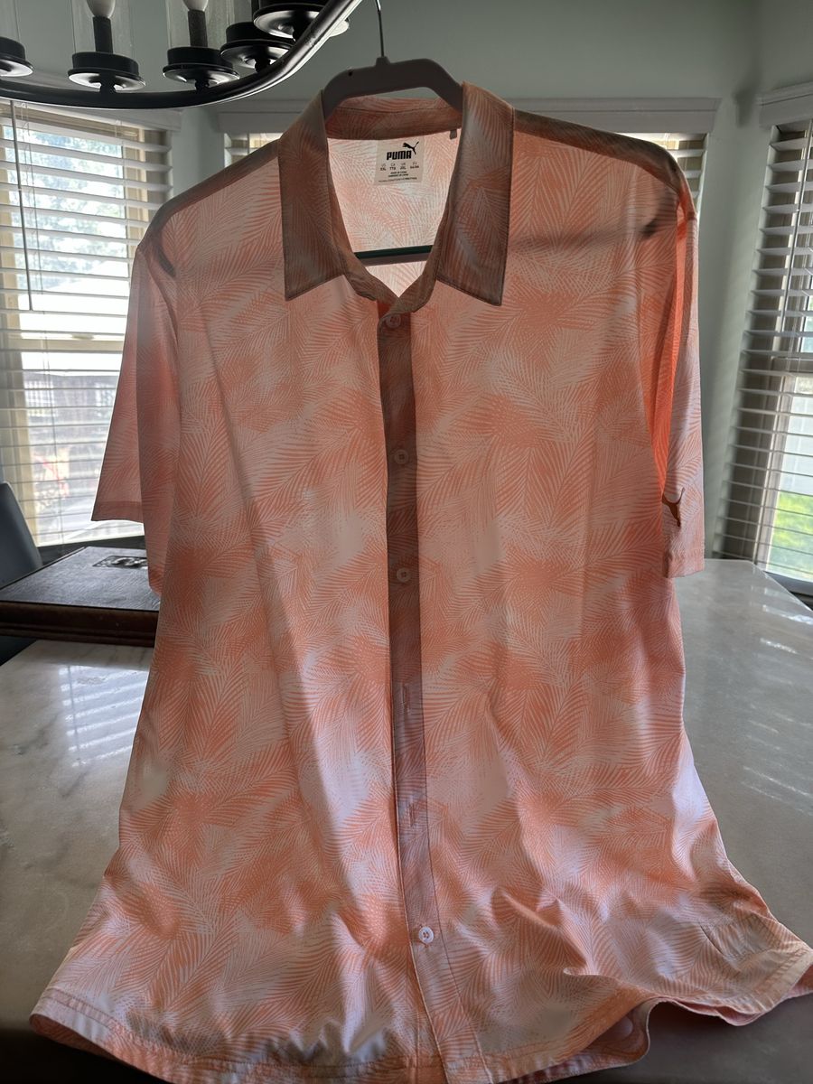Puma Men's Button-Up Shirt XXL Orange Palm Print Short Sleeve Collared Polyester