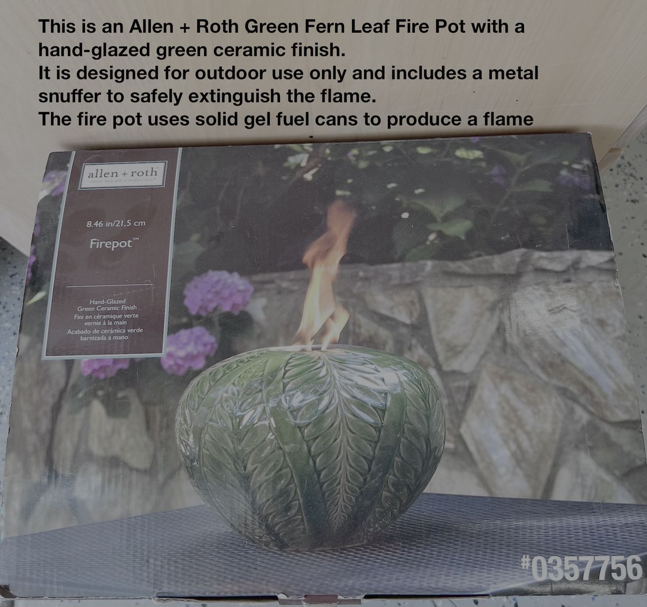 Allen + Roth Green Fern Leaf Fire Pot - Hand-Glazed Ceramic, Outdoor Use, 8.46in