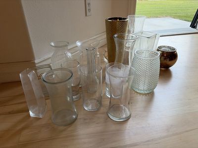 Assorted Glass and Decorative Vases Bulk Lot - Clear, Gold, Textured & Various Shapes