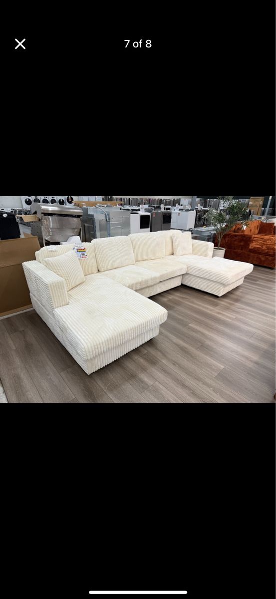 Cream White Corduroy U-Shaped Sectional Sofa with Double Chaise
