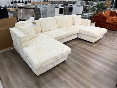 Cream White Corduroy U-Shaped Sectional Sofa with Double Chaise