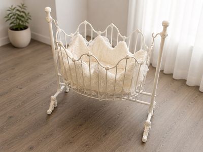 Corsican Iron Cradle - Antique White Wrought Iron Baby Crib/Cradle with Bedding