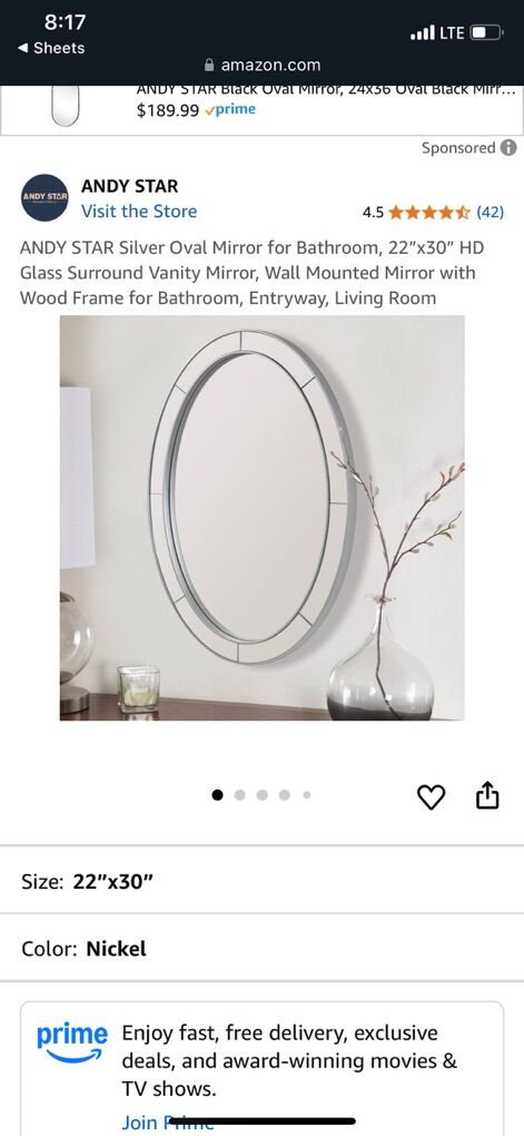 Andy Star Black 20x28 Mirror, Oval, Brand New