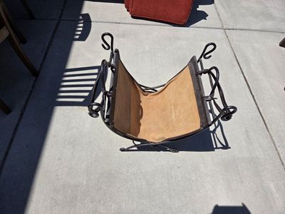 Vintage Wrought Iron Firewood Log Carrier with Suede/Leather Sling