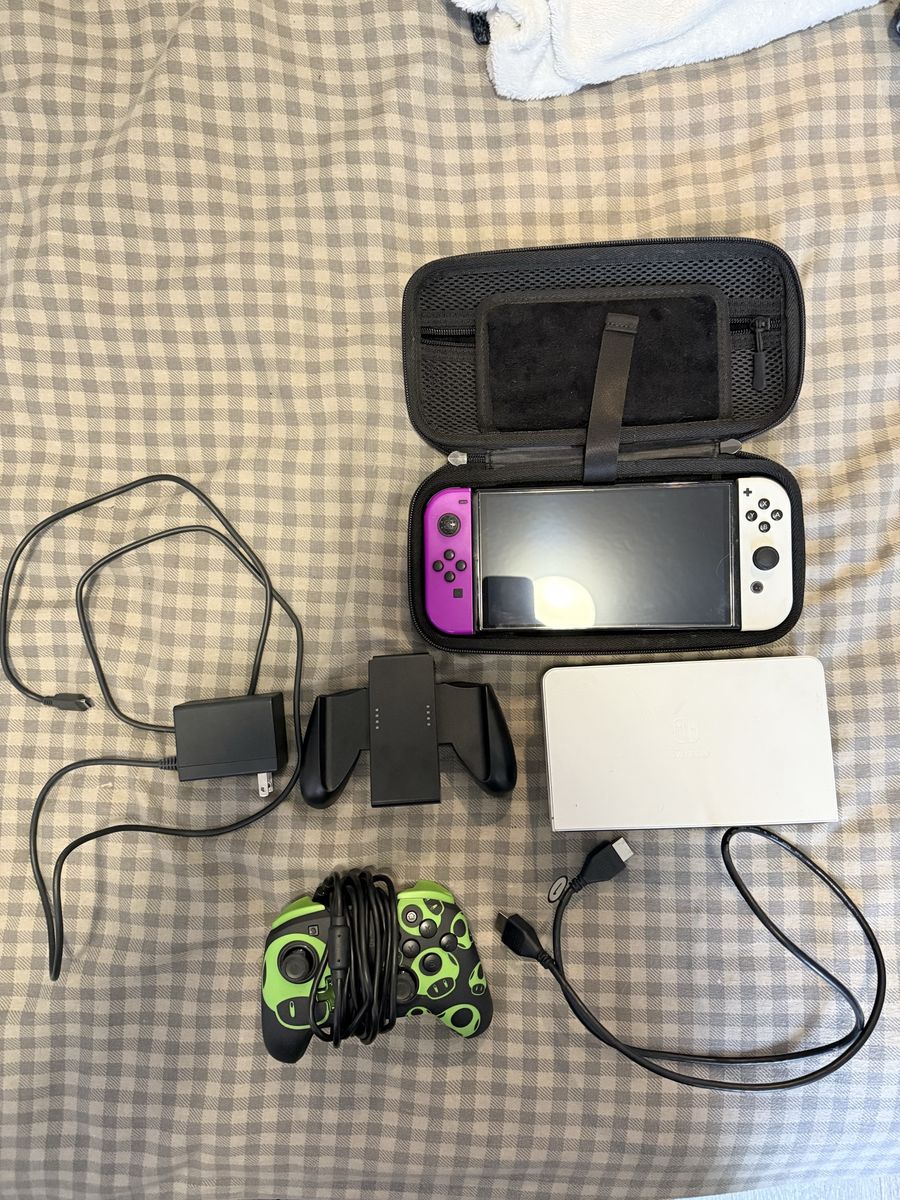 Nintendo Switch OLED Model w/ Purple/White Joy-Cons, Dock, Pro Controller, Case & Charger