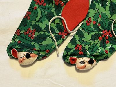 Annalee Mobilitee Doll Matching Set of Two Christmas Stockings with Mouse Vintage 1970