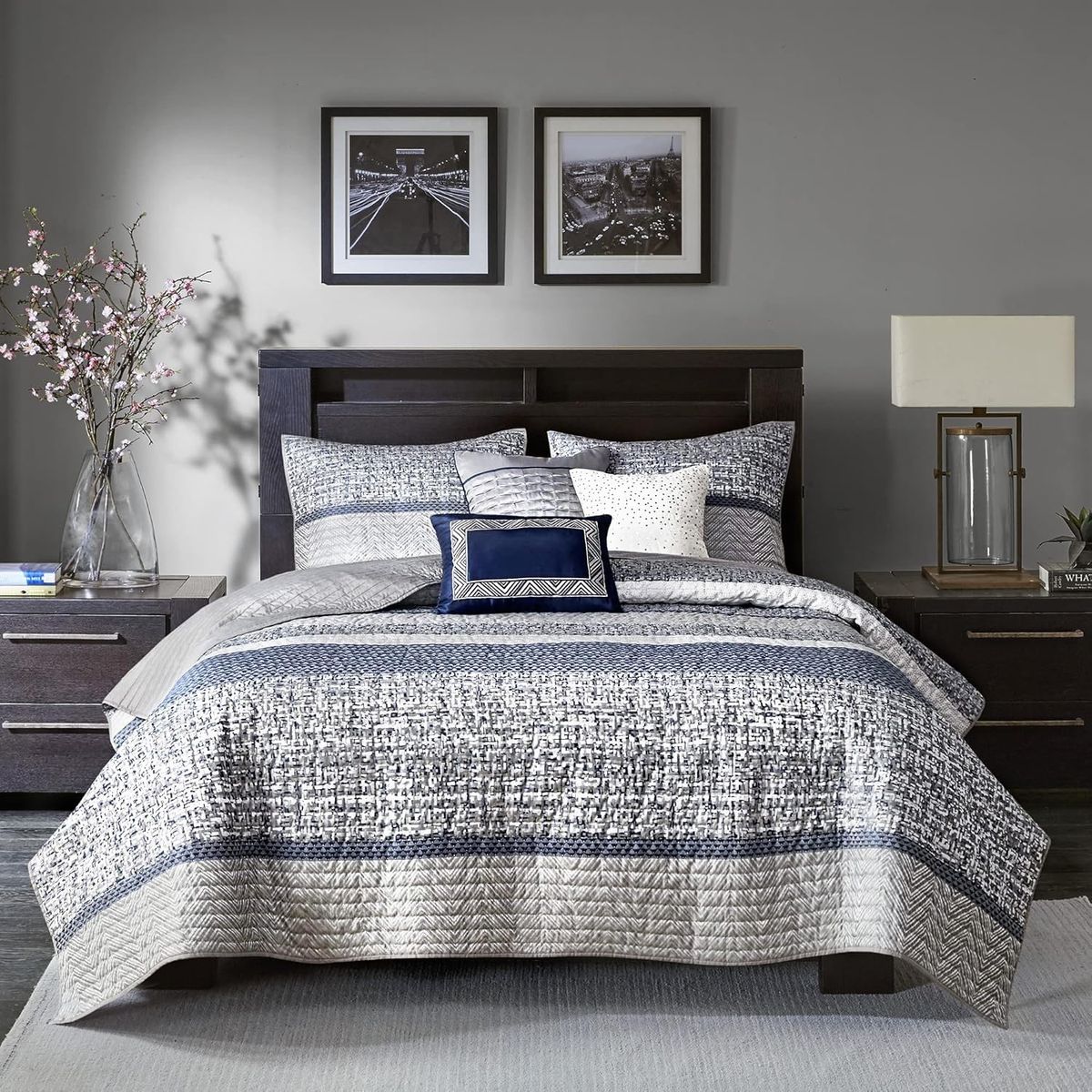 Madison Park King Quilt Set - Lustrous Jacquard & Glitter Accent Coverlet Set for King Size Bed - All Season, Lightweight, Shams