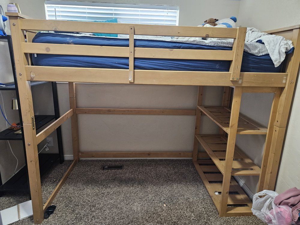 Wooden Loft Bed Frame - Twin Size with Integrated Shelving Unit