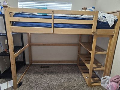 Wooden Loft Bed Frame - Twin Size with Integrated Shelving Unit