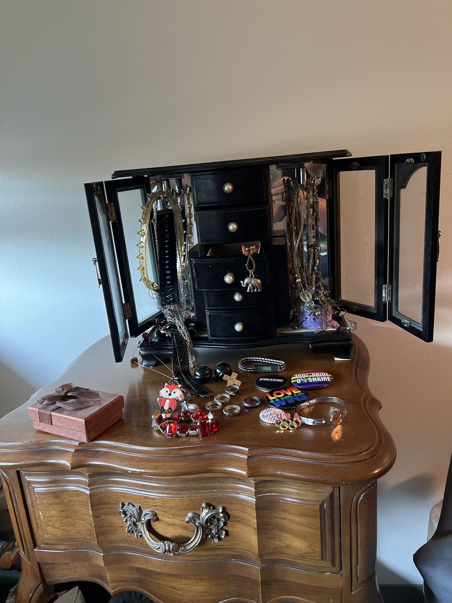 Black Wooden Mirrored Jewelry Box Armoire with Velvet Lining and Multiple Compartments