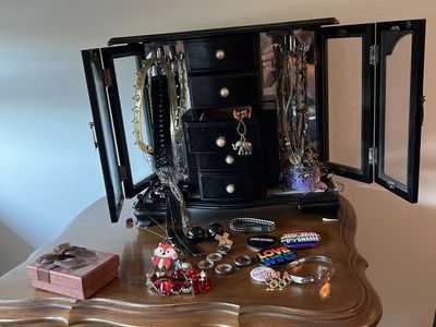 Black Wooden Mirrored Jewelry Box Armoire with Velvet Lining and Multiple Compartments