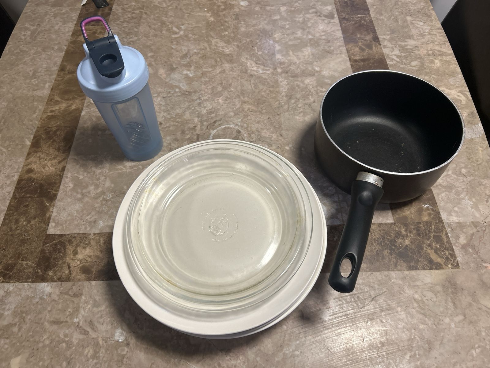 Assorted Kitchen Lot - Plates, Glassware, Pan, and Shaker Bottle
