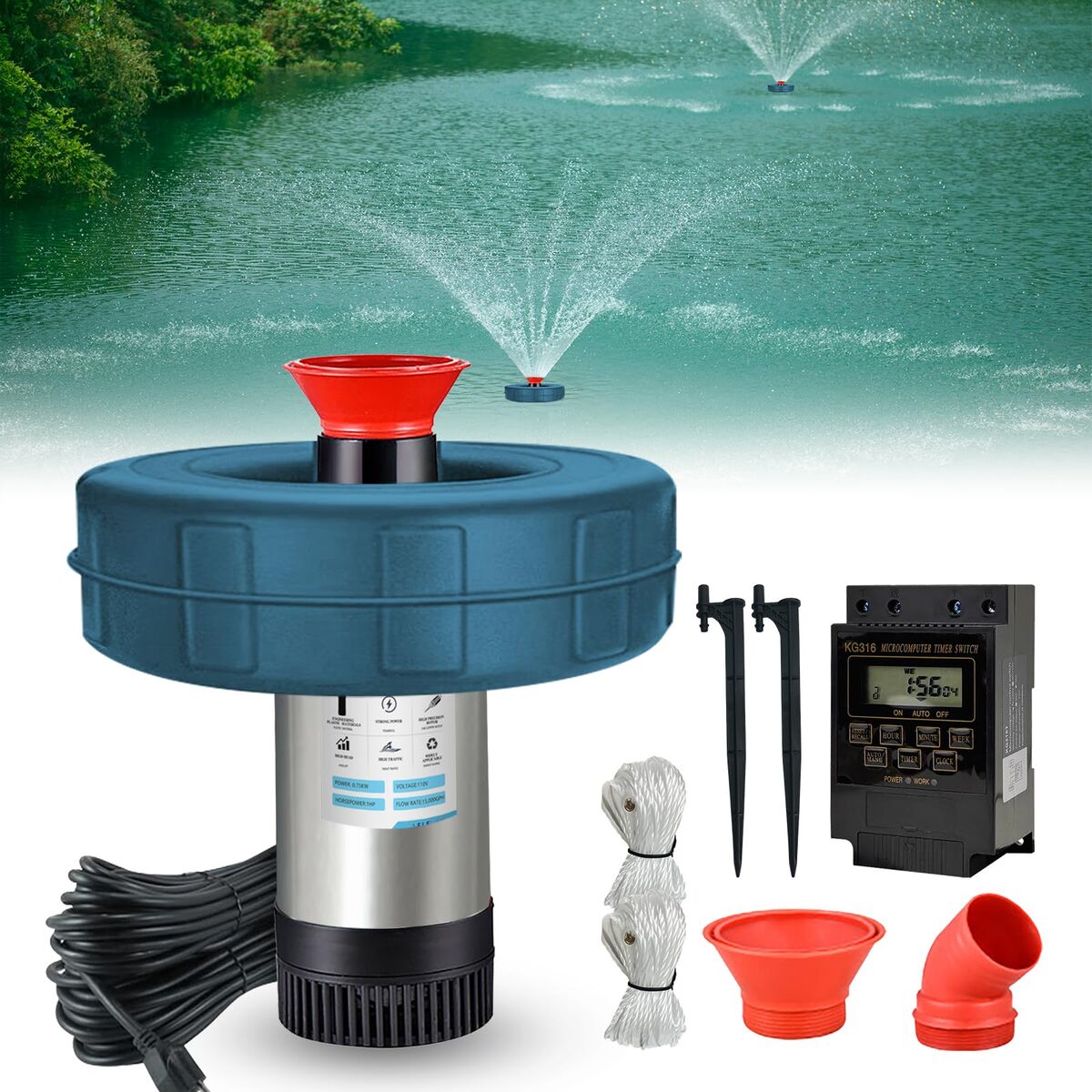 Pond Fountain Aerator- 1HP 750W 110V Stainless Steel Floating Fountain With 100 Feet Power Cord