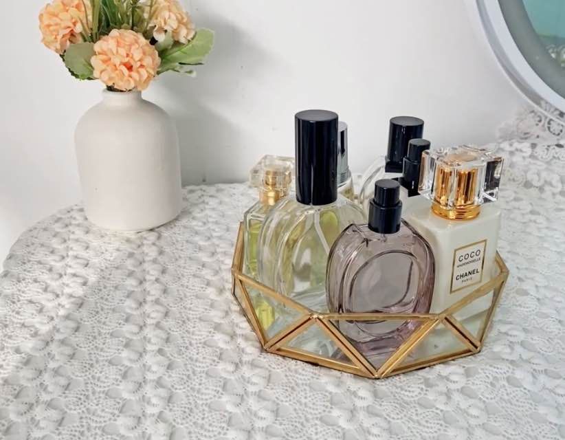 Gold Geometric Glass Vanity Tray - Mirrored Jewelry & Trinket Organizer, New in box