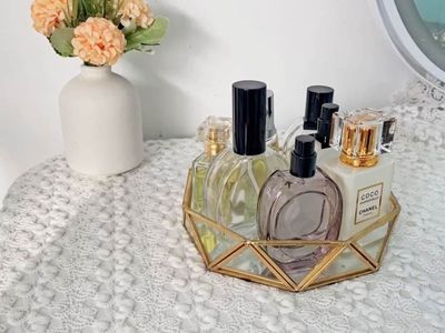 Gold Geometric Glass Vanity Tray - Mirrored Jewelry & Trinket Organizer, New in box