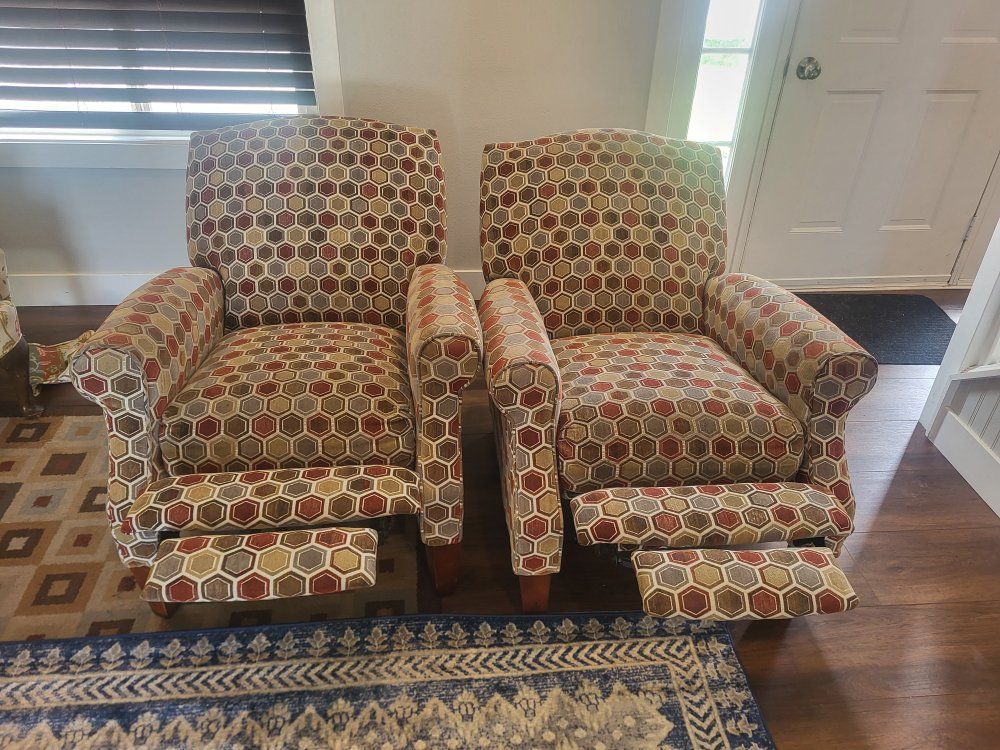 Pair of Upholstered Hexagon Pattern
Recliners - Red, Gold, Gray