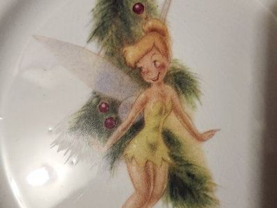Disney Tinkerbell Christmas Salad Plates - Set of 3, Scalloped Gold Trim, Disney Direct