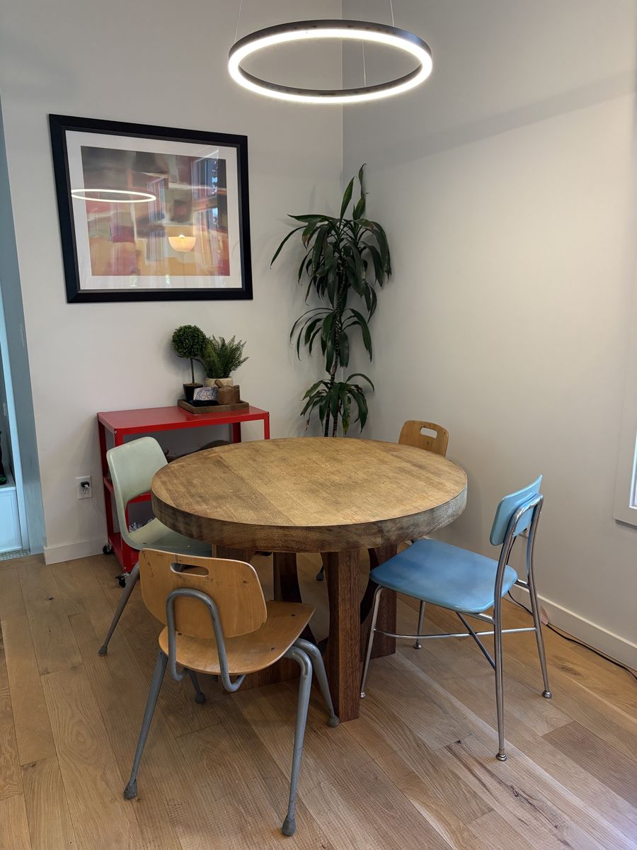 Round Wood Dining Table with Pedestal Base - Unique Cut-Out Design