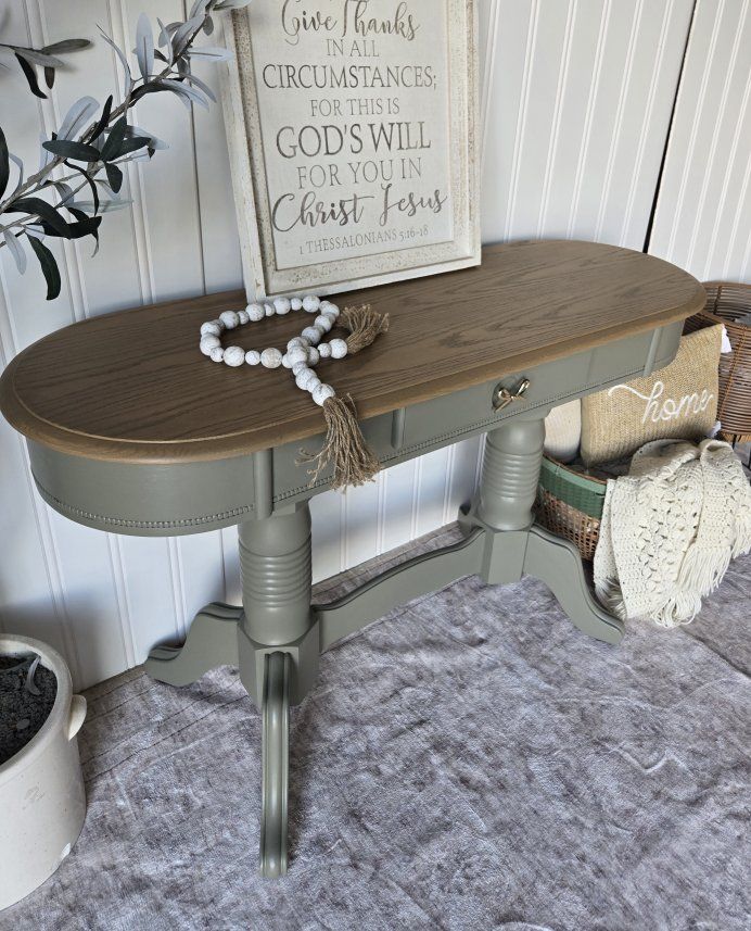 Refinished Sage Green Console Table with Natural Wood Top