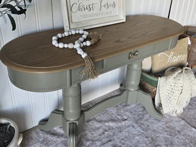 Refinished Sage Green Console Table with Natural Wood Top