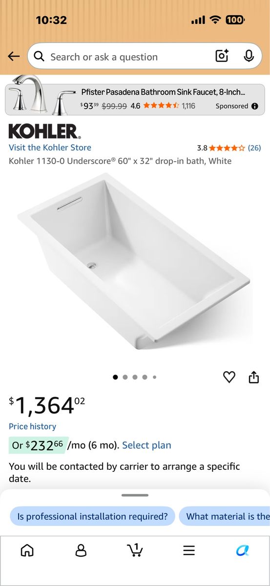 Kohler drop in soaker tub 32x60