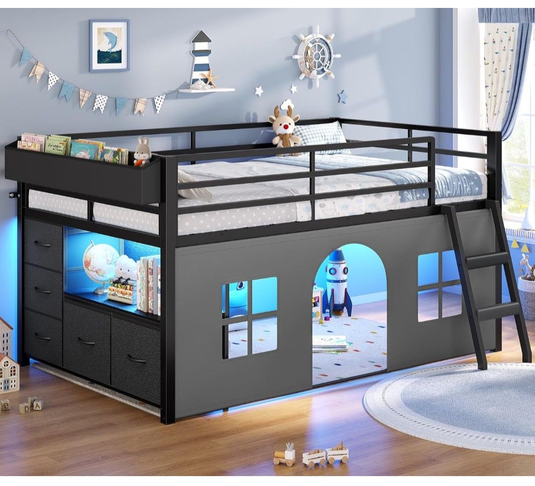 ADORNEVE Low Loft Bed Twin Size with Tent, 5 Storage Drawers, with LED Lights