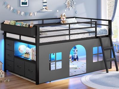 ADORNEVE Low Loft Bed Twin Size with Tent, 5 Storage Drawers, with LED Lights